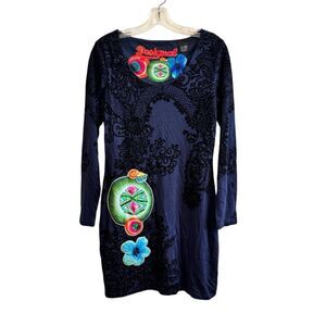 Desigual Long Sleeve Navy Blue Dress Black Velvet Paisley Floral Appliqué Large